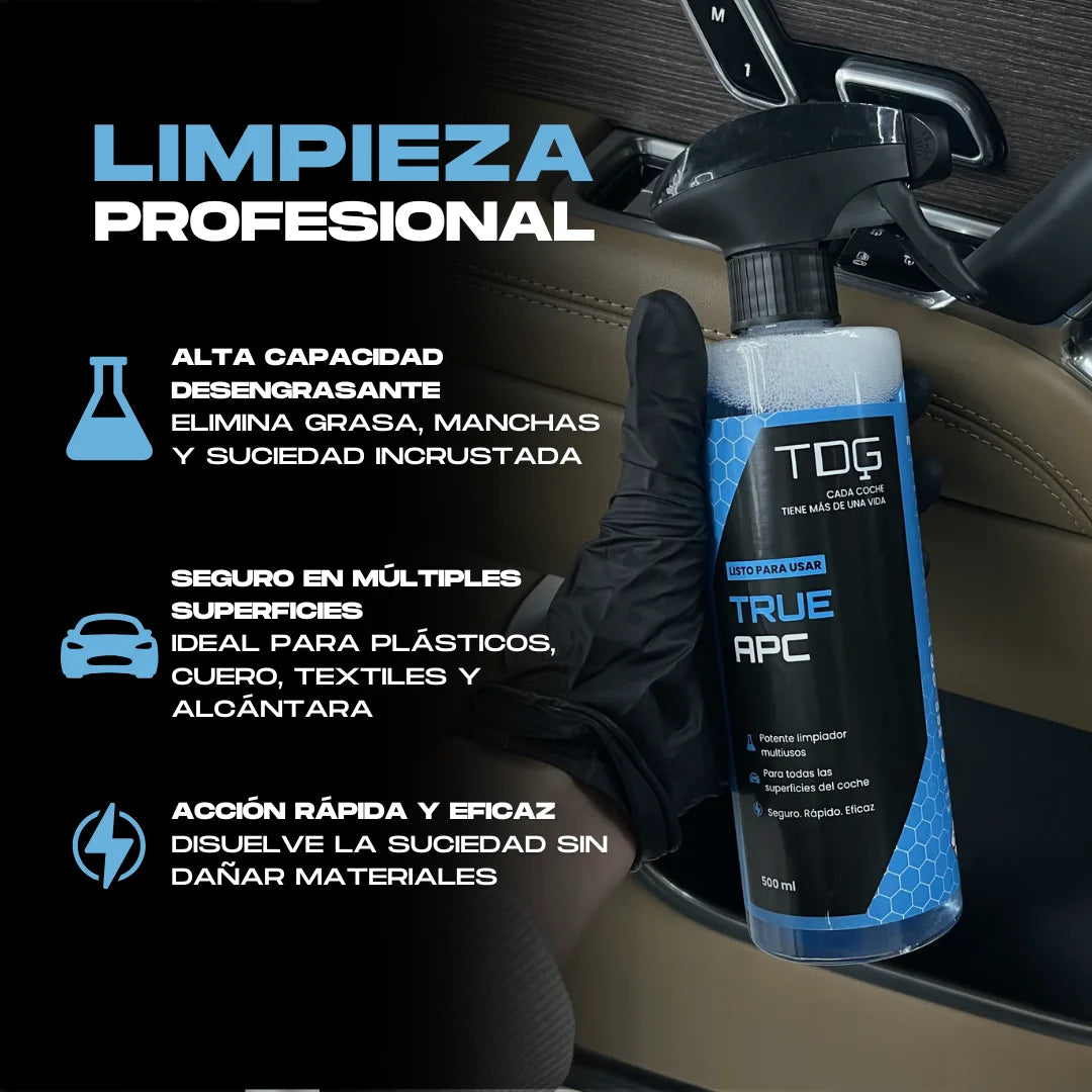 True APC limpieza profesional: alto poder desengrasante, seguro en plásticos, cuero, textiles y alcántara, acción rápida