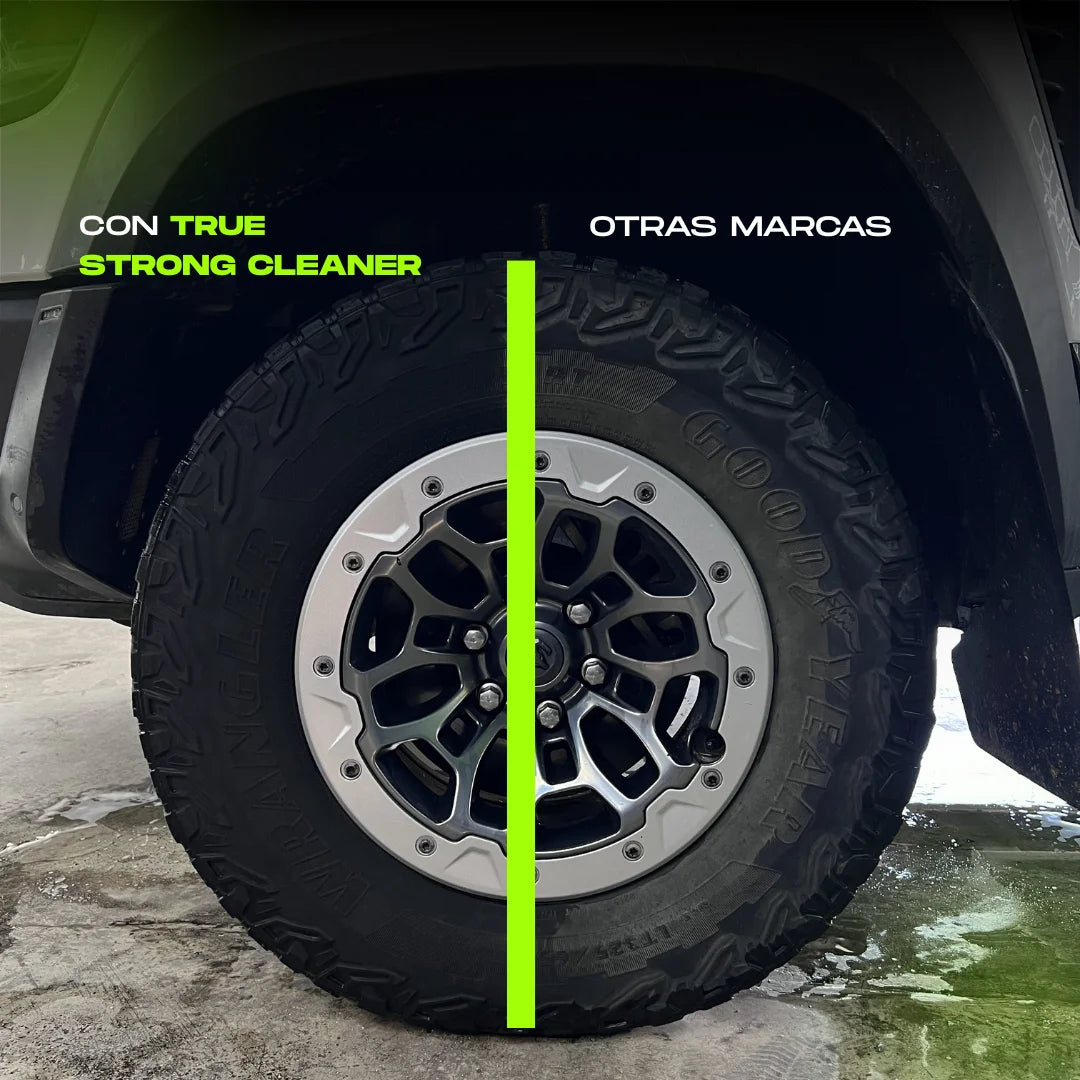 Llanta y neumático: comparativa de limpieza con True Strong Cleaner frente a otras marcas