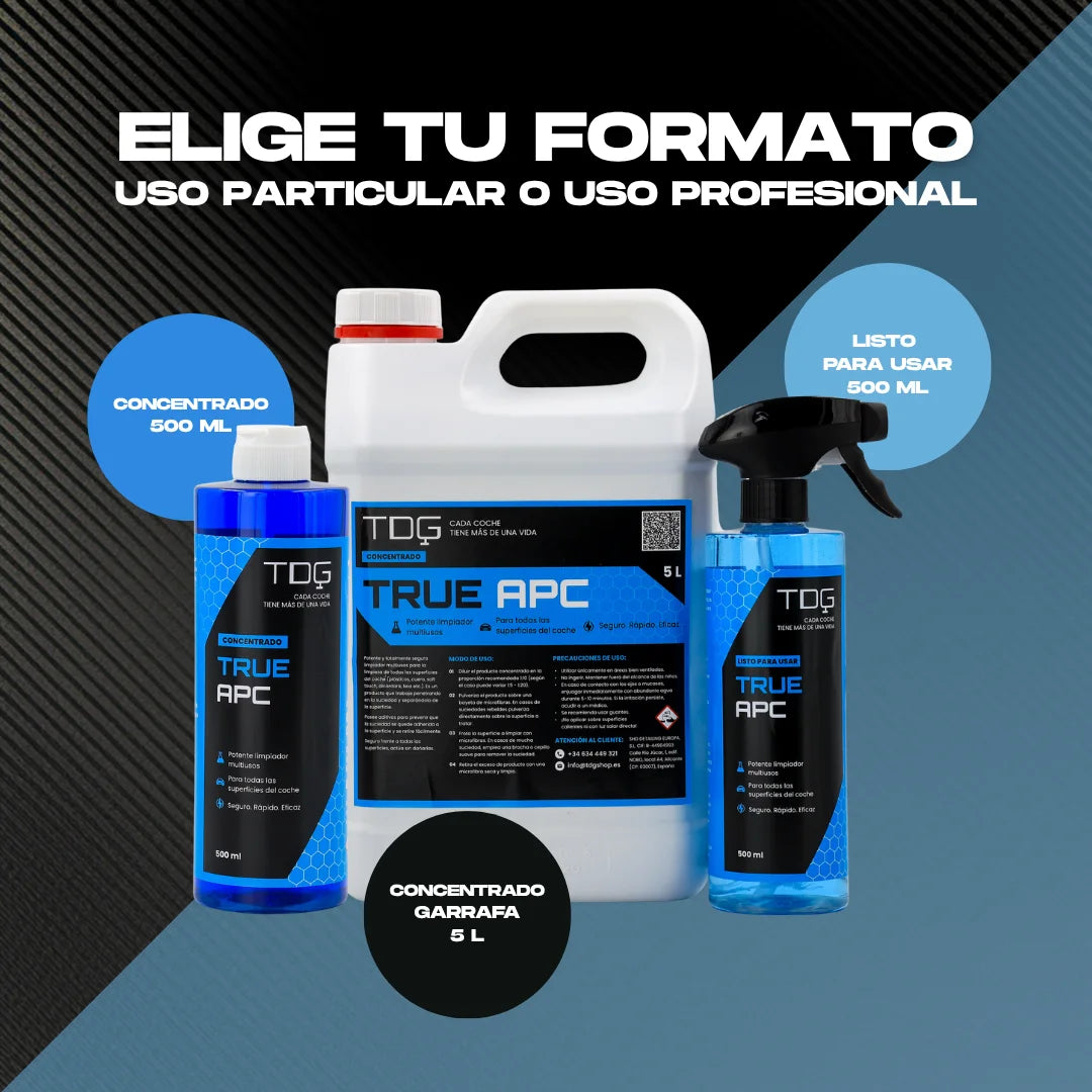 Formatos de True APC para uso particular o profesional: 500 ml listo para usar, 500 ml concentrado y 5 L concentrado