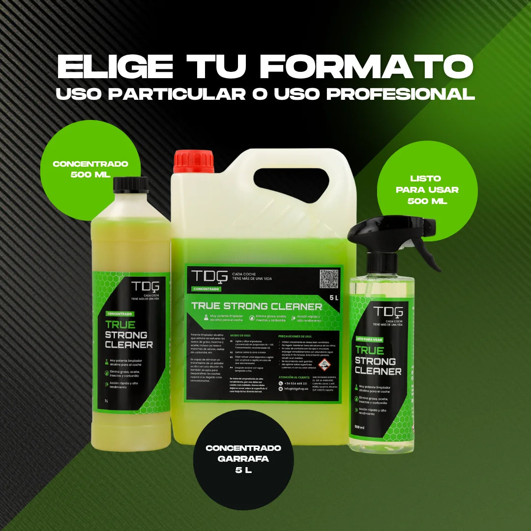 Formatos de True Strong Cleaner para uso particular o profesional: 500 ml listo para usar y concentrado de 1 L y 5 L