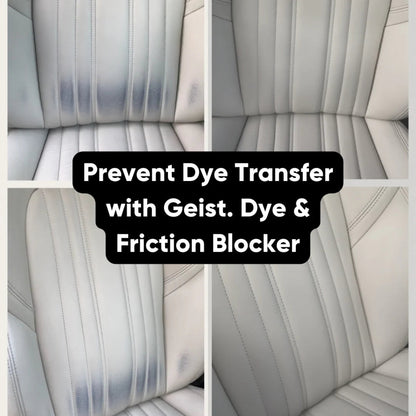 El Geist Dye Friction Blocker es un tratamiento protector profesional diseñado para prevenir la transferencia de tinte de la ropa (especialmente vaqueros), así como reducir el desgaste por fricción y abrasión en superficies de cuero y vinilo.