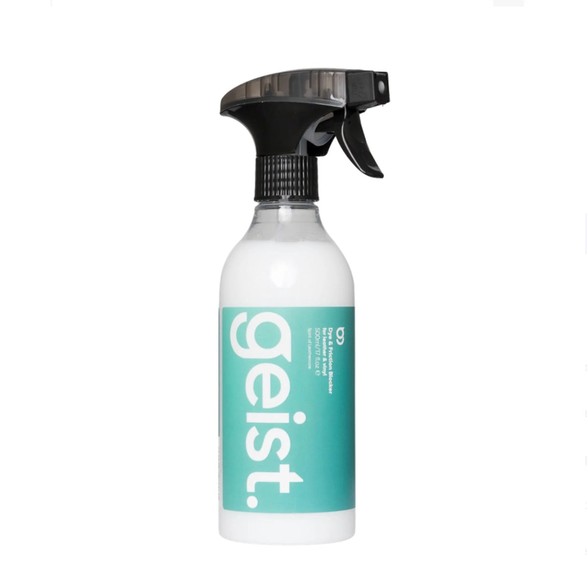 El Geist Dye Friction Blocker es un tratamiento protector profesional diseñado para prevenir la transferencia de tinte de la ropa (especialmente vaqueros), así como reducir el desgaste por fricción y abrasión en superficies de cuero y vinilo.