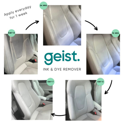 El Geist Removedor de Tinta y Tinte es una solución profesional potente y segura para eliminar marcas de bolígrafo, rotulador y transferencia de tinte en cuero, polipiel (PU) y PVC, sin dañar la superficie ni alterar su acabado.