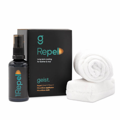 Geist Repel es un recubrimiento cerámico ecológico de nueva generación, desarrollado específicamente para cuero, vinilo y cuero sintético, que crea una barrera protectora duradera, transpirable y sin brillo artificial.
