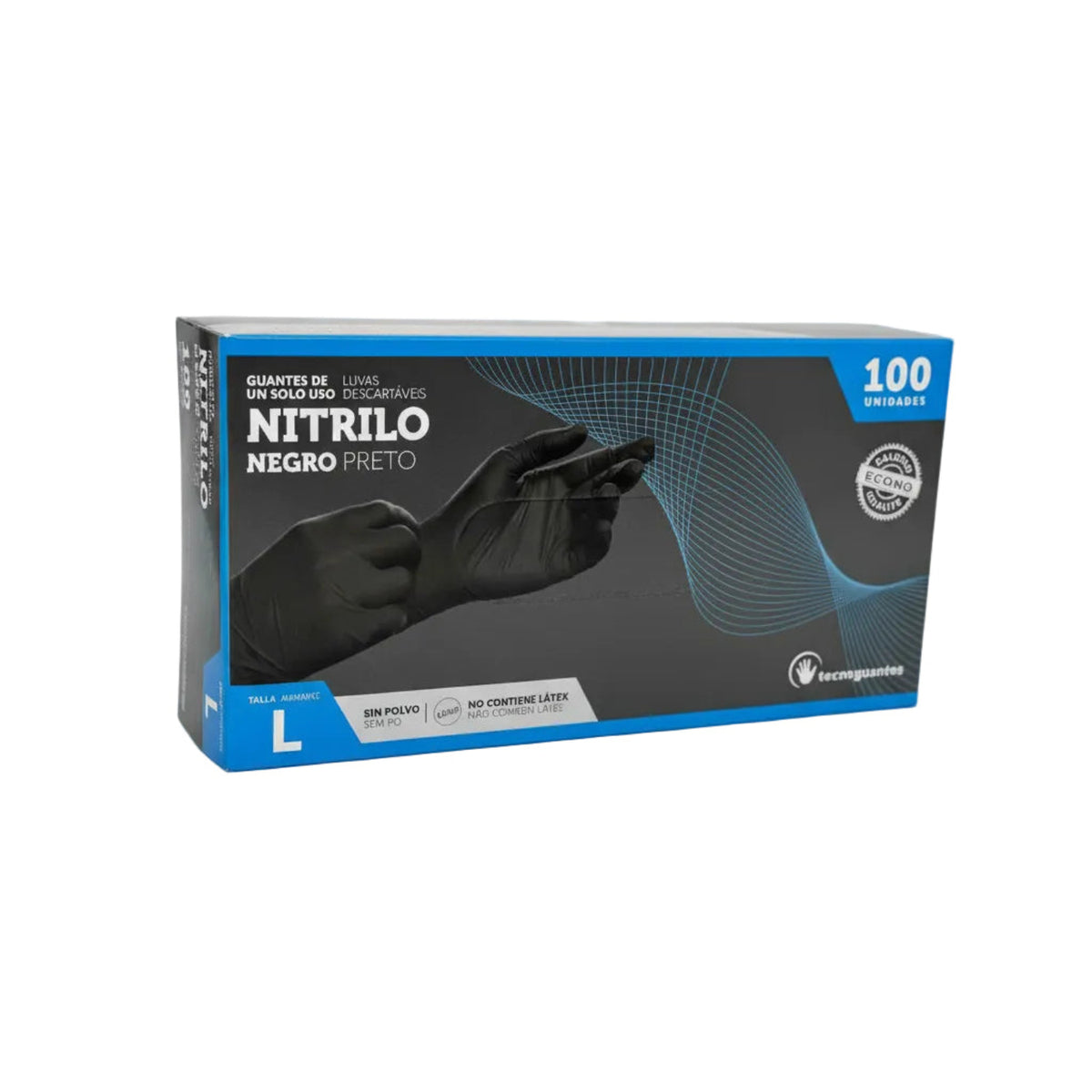 Caja de guantes de nitrilo negros Tecnoguantes sin polvo y sin látex