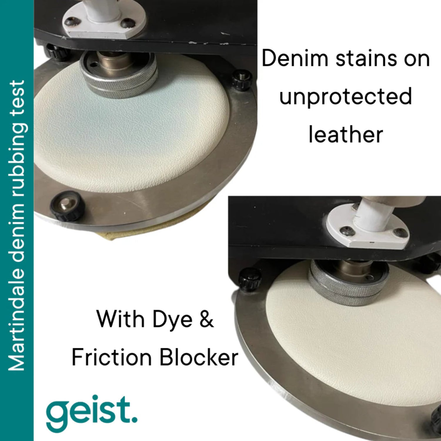 El Geist Dye Friction Blocker es un tratamiento protector profesional diseñado para prevenir la transferencia de tinte de la ropa (especialmente vaqueros), así como reducir el desgaste por fricción y abrasión en superficies de cuero y vinilo.