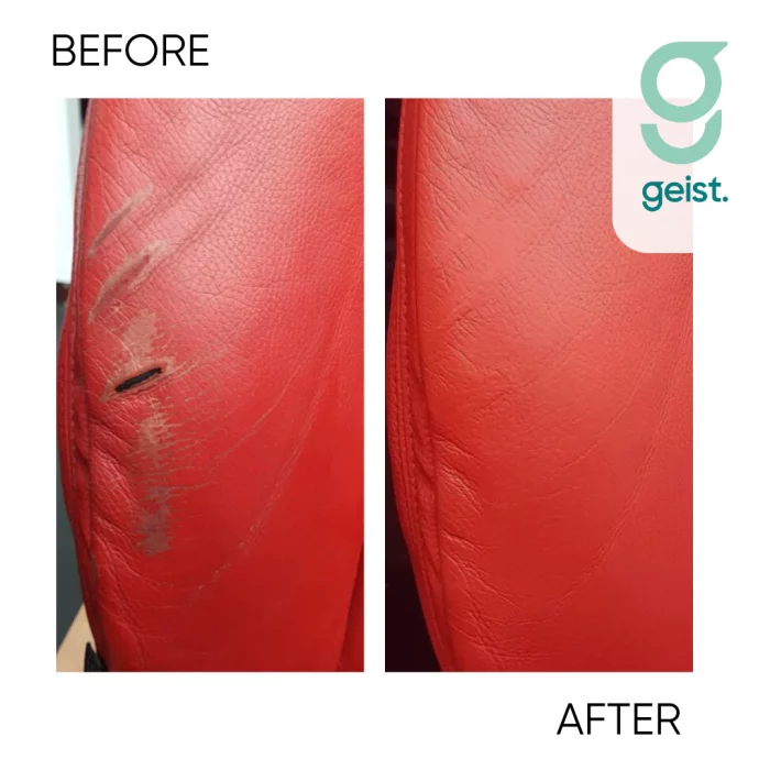 Comparación antes y después de aplicar relleno reparador de cuero en superficie dañada